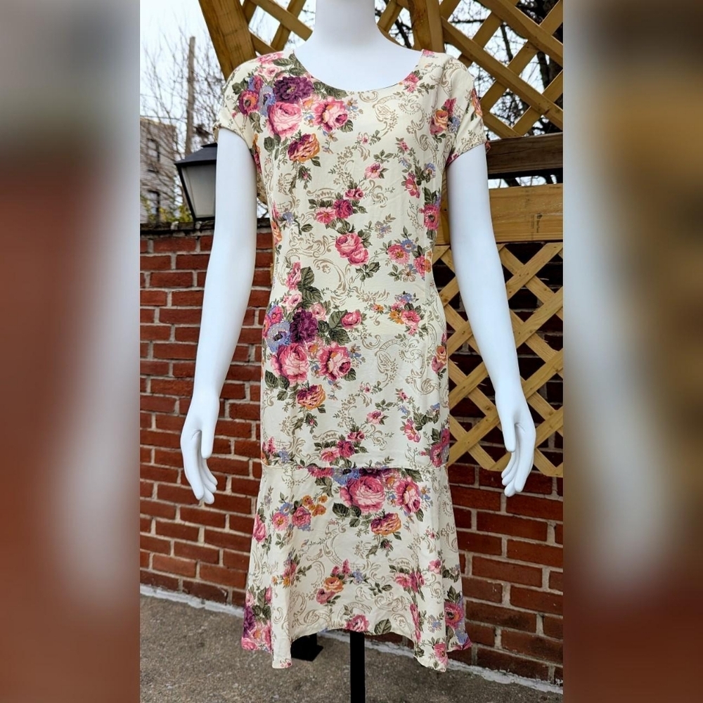Vintage Cream White, Pink, Orange, Green, Purple, Blue, & Brown Floral Dress